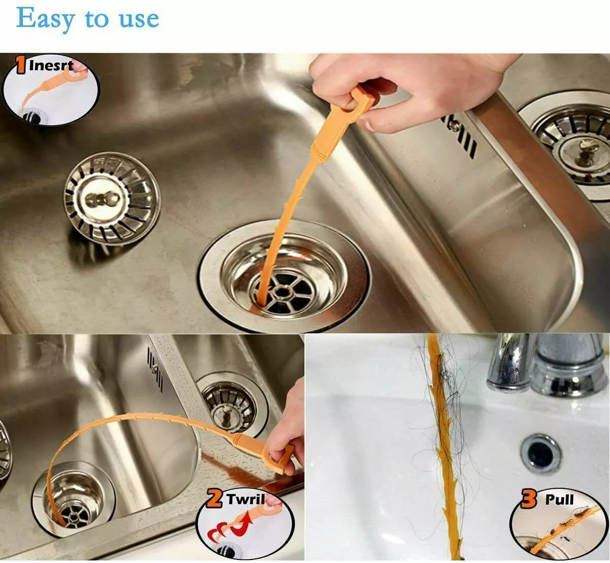 Drain Unblocker Snake U Bend Hair Remover Cleaner Sink Shower Bath Pipe Clog UK