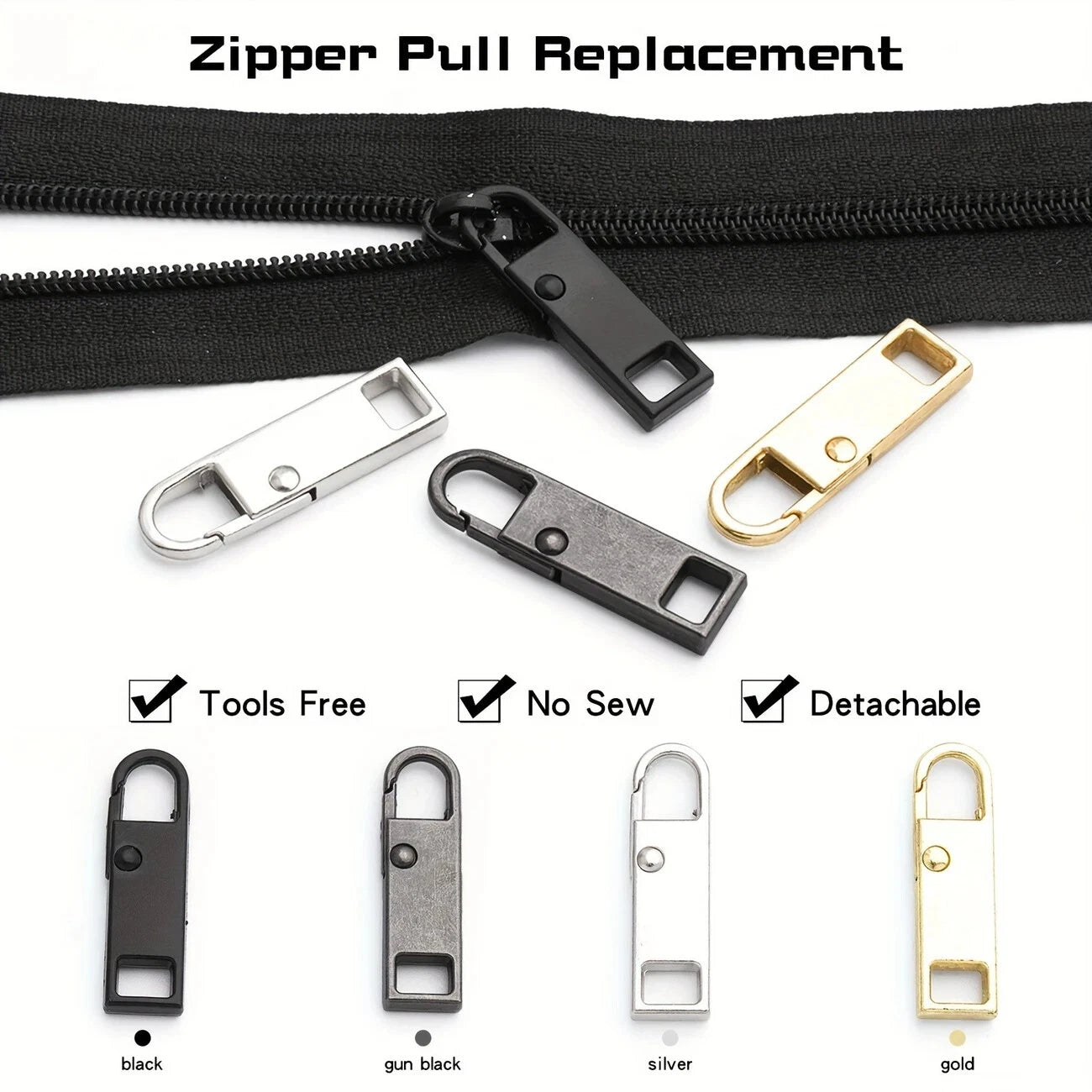 2x Zipper Puller Repair Metal Slider Pull Replacement Fix Bag Coat Instant Clip