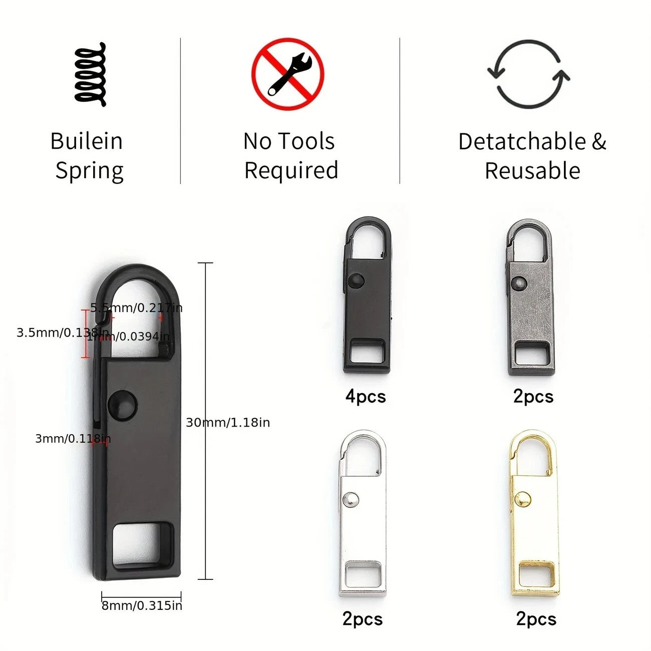 2x Zipper Puller Repair Metal Slider Pull Replacement Fix Bag Coat Instant Clip