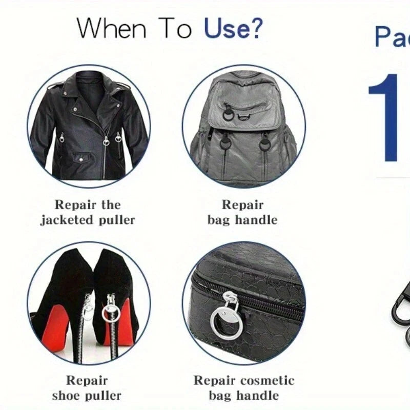 2x Zipper Puller Repair Metal Slider Pull Replacement Fix Bag Coat Instant Clip