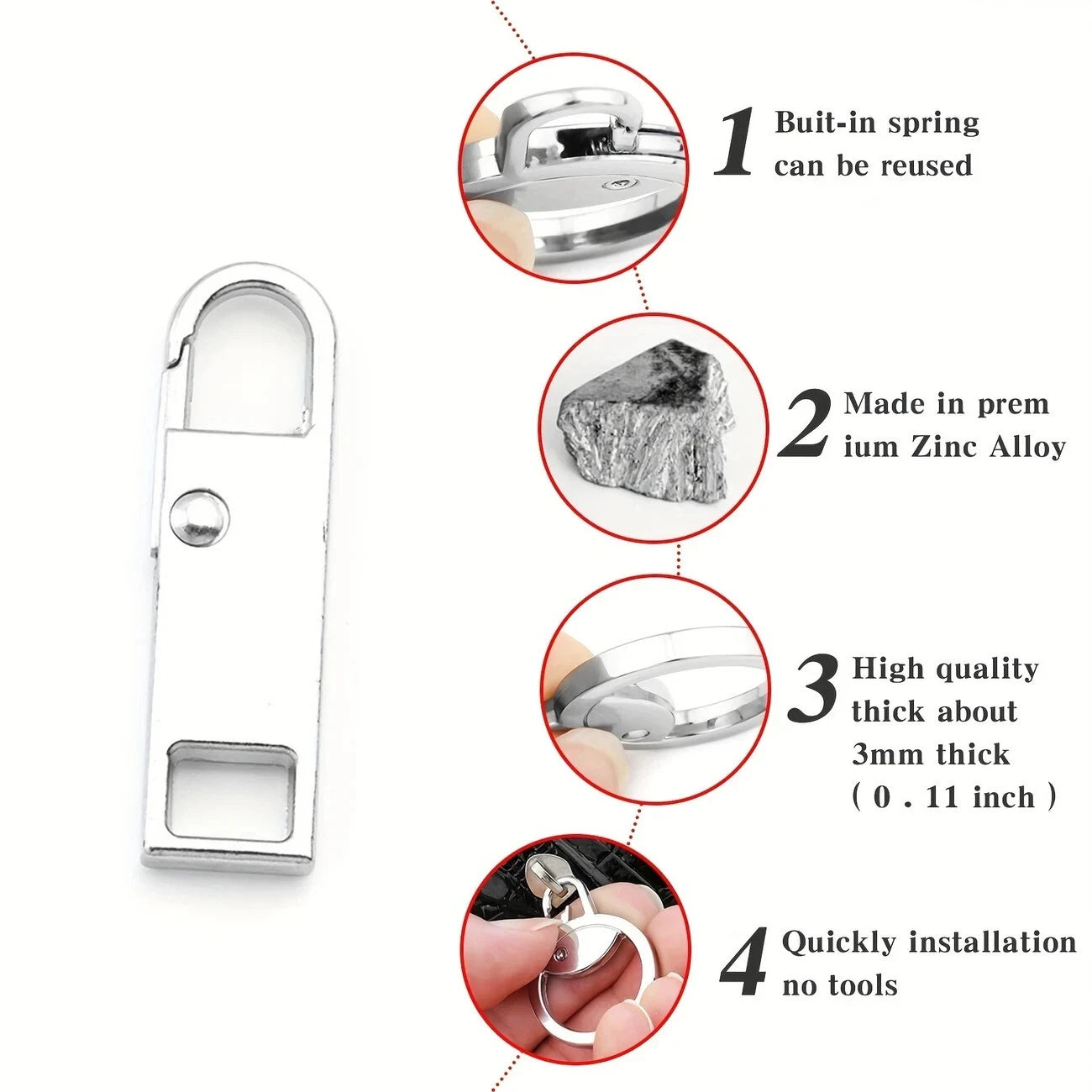 2x Zipper Puller Repair Metal Slider Pull Replacement Fix Bag Coat Instant Clip